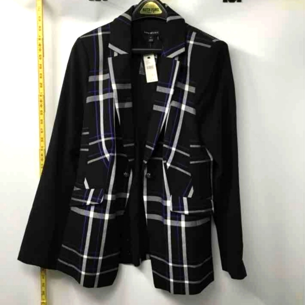 NEW Lane Bryant Black Plaid Stripe One-Button Blazer Suit Jacket Coat 12